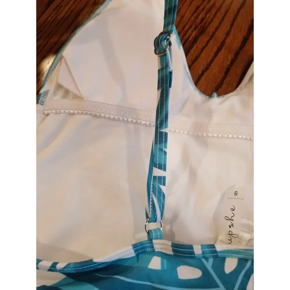 Cupshe Teal Blue & White Bamboo Leaf Print One‎ Piece Swimsuit Size Small NWT